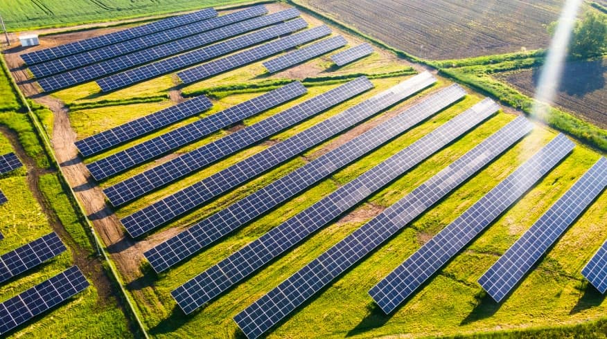 An aerial view of a solar farm at golden hour.